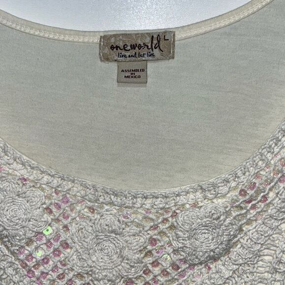 One World Women's Cream Crochet Sequin 3/4 Sleeve 100% Cotton Blouse Large - Picture 4 of 9